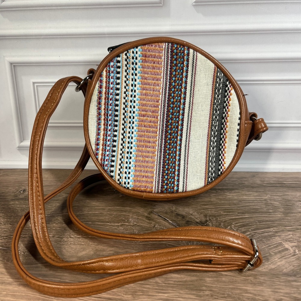 Rue21 Circle Boho Crossbody Bag Women Small Brown Woven Striped Faux Leather